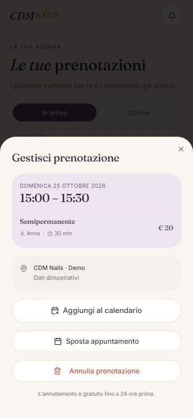 Gestione di una prenotazione: aggiungi al calendario, sposta o annulla